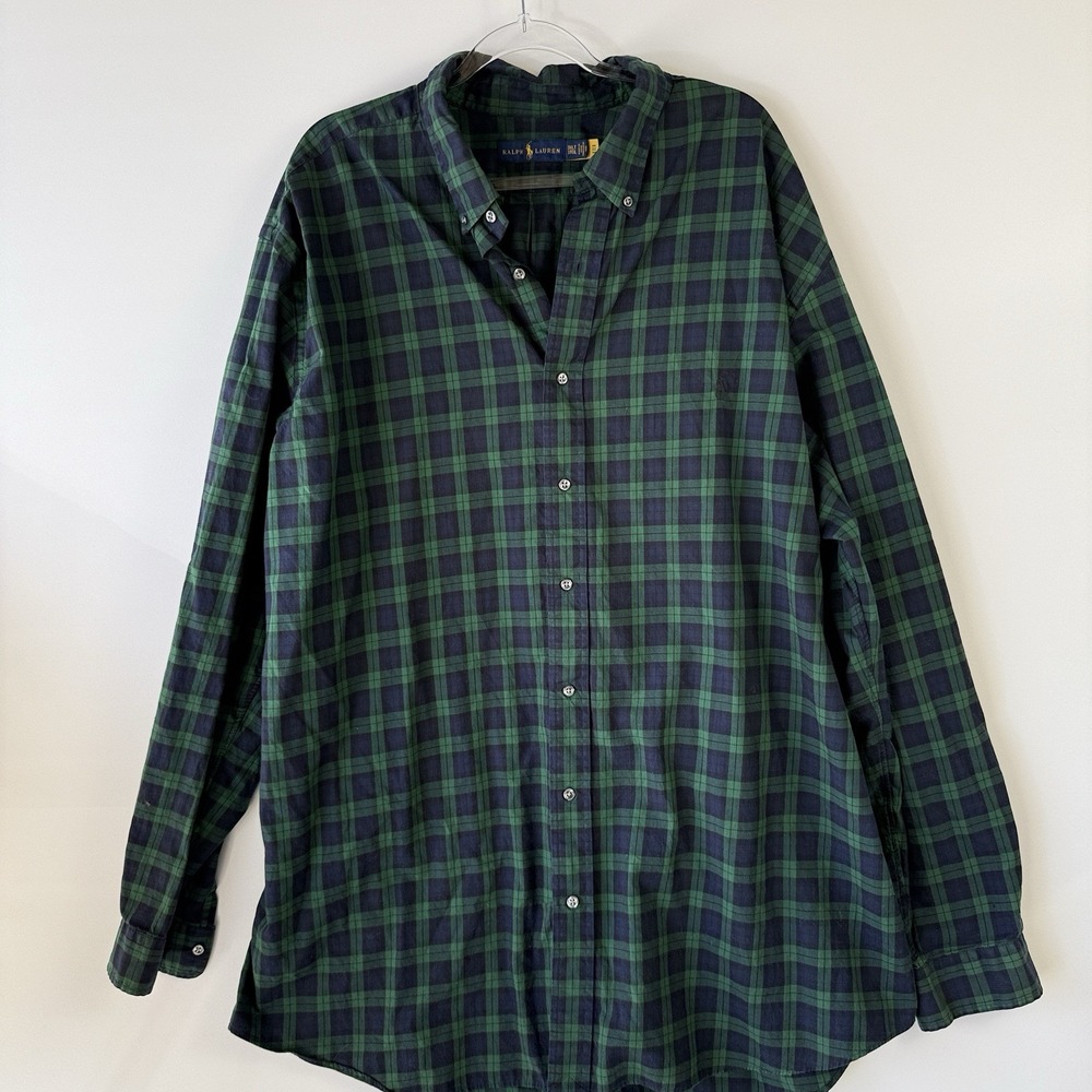 Ralph Lauren Shirt Mens 3XLT Green Blue Plaid Long Sleeve‎ Button Down Big Tall